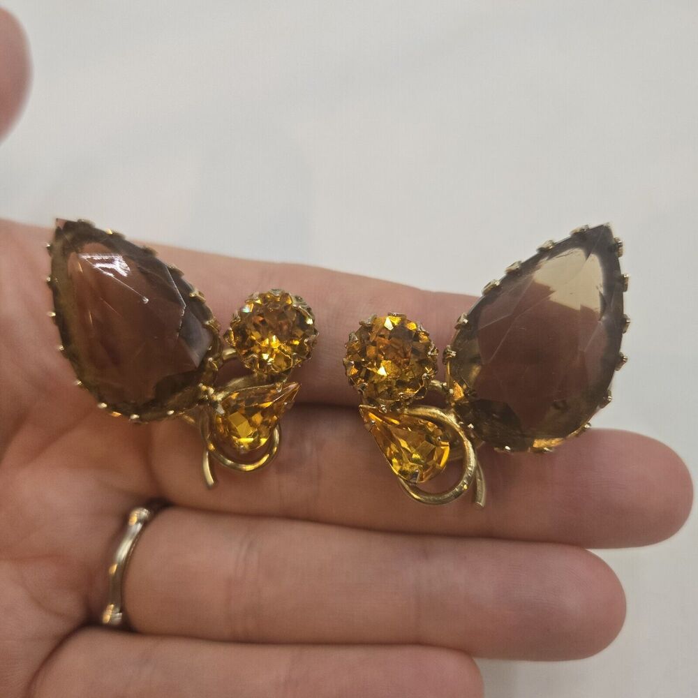Vintage Schreiner Unsigned Amber Brown Tone Clip On Climber Earrings Large
